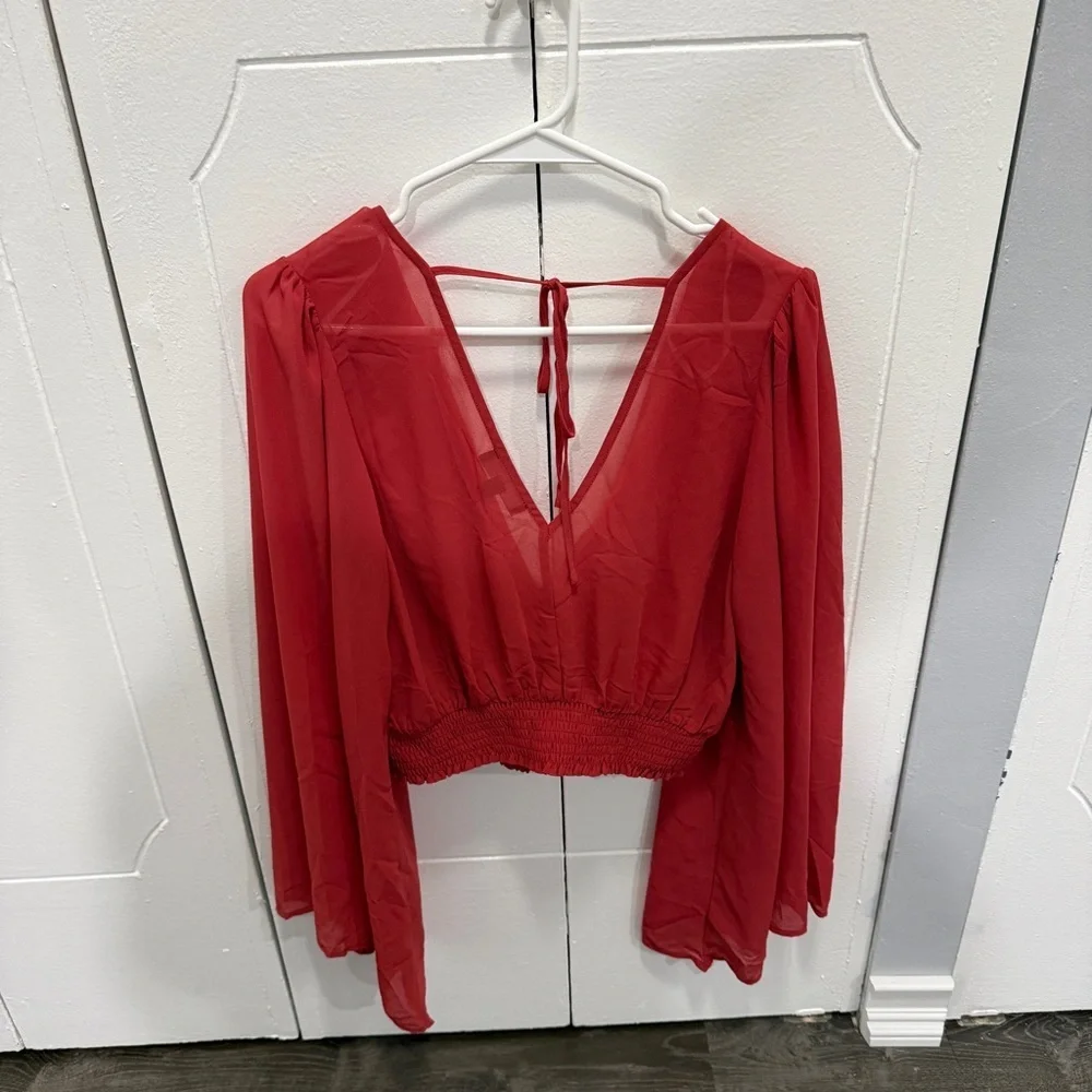 NWOT Lulus Loving Aura Coral Red Smocked Long Flutter Sleeve Top - Picture 4 of 8